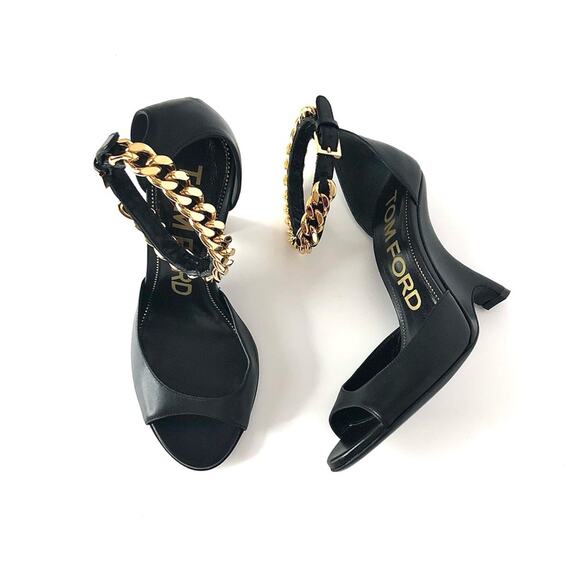 NEW Tom Ford Gold Chain Wedge Black Leather Heeled Sandals 37.5 - Picture 1 of 9